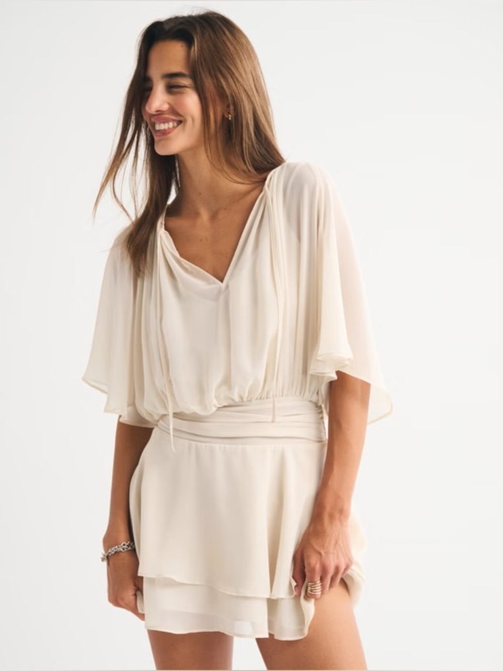 Abercrombie & Fitch Cream Layered V-Neck Mini Dress